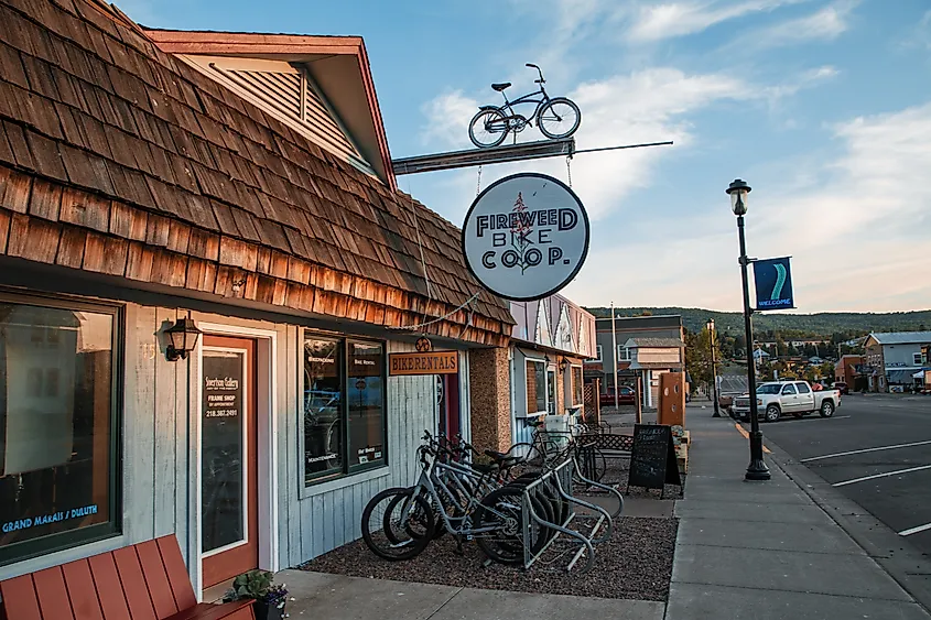 Former Fireweed Bike Coop storefront in Grand Marais, Minnesota.
