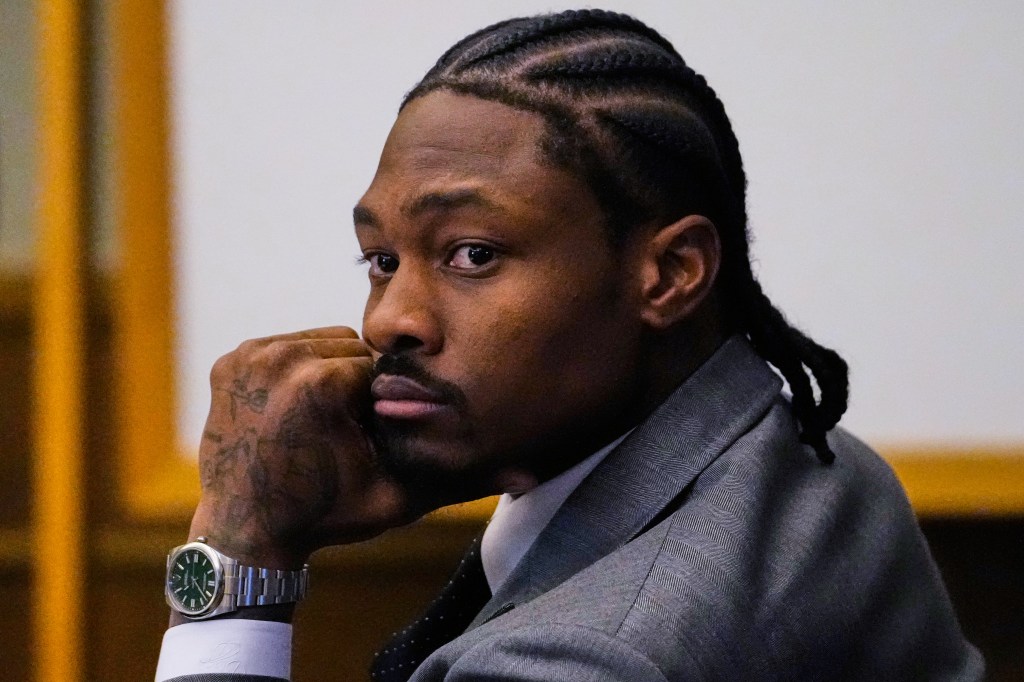 Patriots wide receiver Stefon Diggs listens to closing arguments during his trial at Norfolk County District Court, Tuesday, May 5, 2026, in Dedham, Mass.