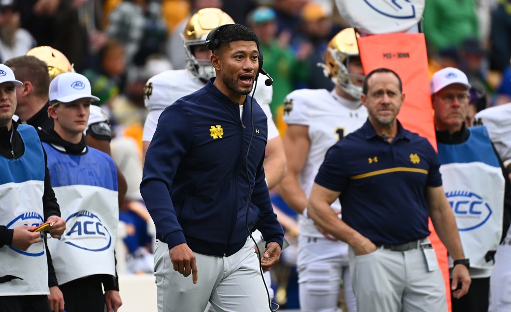 Head coach Marcus Freeman of the Notre Dame Fighting Irish looks on from the sidelines in the first half during the game against the Pittsburgh Panthers at Acrisure Stadium on November 15, 2025 in Pittsburgh, Pennsylvania.  