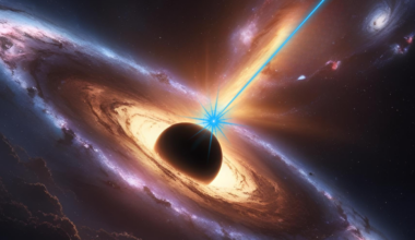 An illustration shows a black hole powered blazar firing a powerful ghost particle at Earth