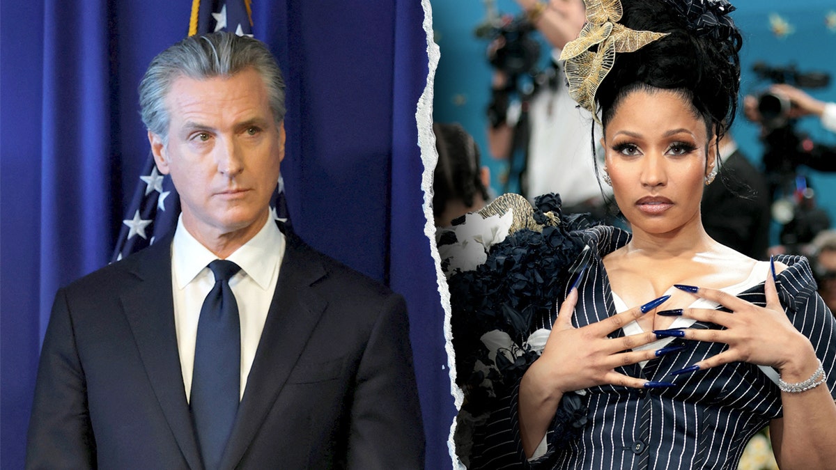 A split image of Gavin Newsom and Nicki Minaj