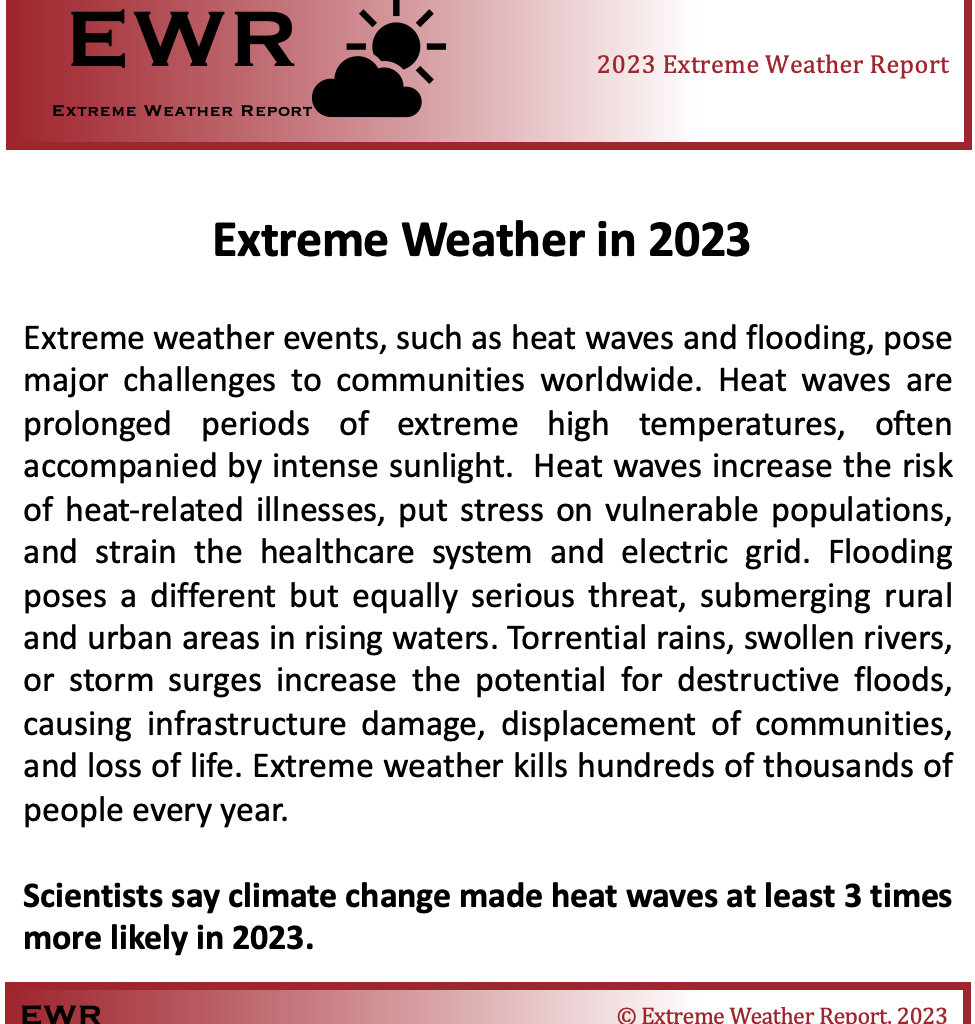 Example message with the key sentence at the end that says “Scientists say climate change made heat waves at least 3 times more likely in 2023.”