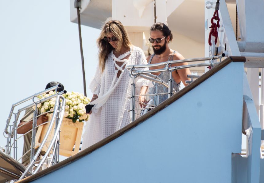 Heidi Klum and Tom Kaulitz on The Christina O on their wedding day in Capri, Italy, on August 3, 2019.