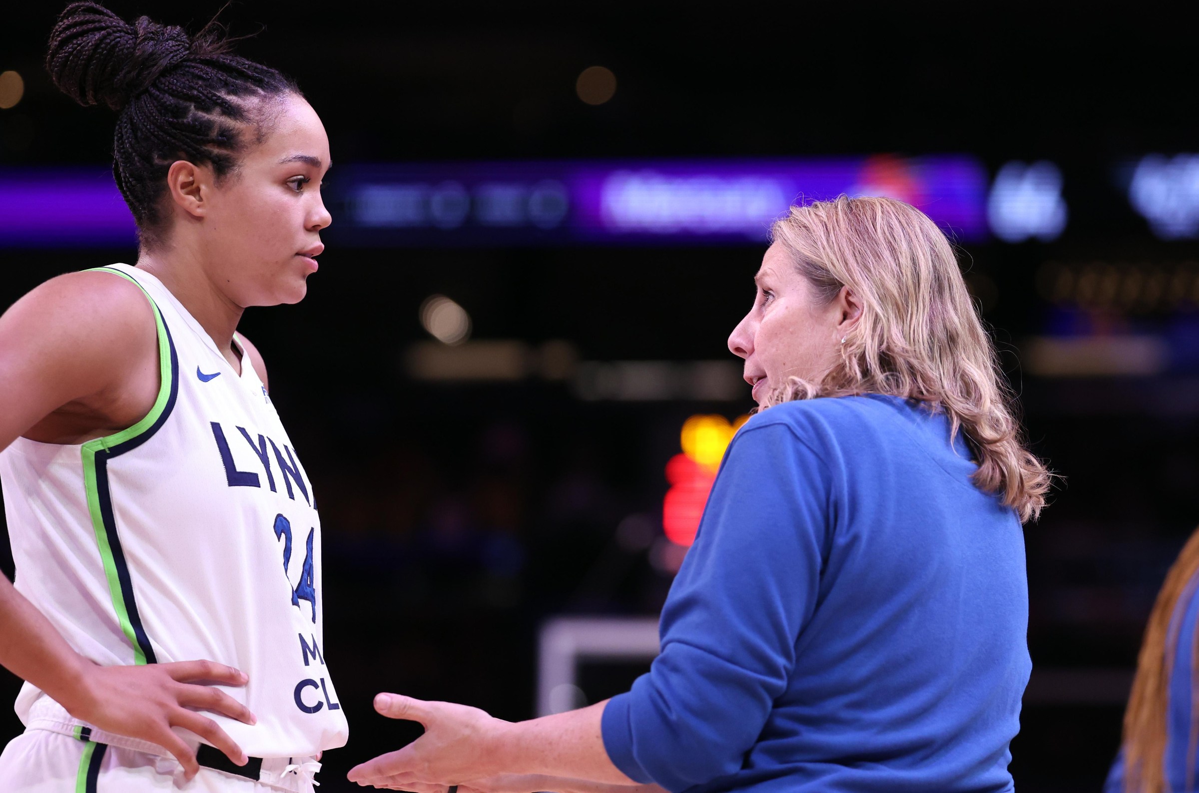 PHOENIX, ARIZONA - JULY 09: Head coach Cheryl Reeve talks to Napheesa Collier #24 of the Minnesota Lynx during the second half against the Phoenix Mercury at PHX Arena on July 09, 2025 in Phoenix, Arizona. NOTE TO USER: User expressly acknowledges and agrees that, by downloading and or using this photograph, User is consenting to the terms and conditions of the Getty Images License Agreement. (Photo by Chris Coduto/Getty Images)