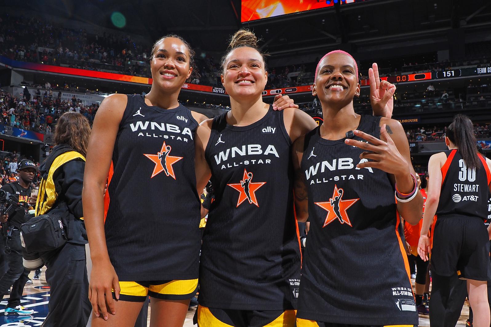 INDIANAPOLIS, IN - JULY 19: Napheesa Collier #24, Kayla McBride #21 and Courtney Williams #10 of Team Collier pose for a photo after the game against Team Clark during the AT&T WNBA All-Star Game 2025 on July 19, 2025 at Gainbridge Fieldhouse in Indianapolis, Indiana. NOTE TO USER: User expressly acknowledges and agrees that, by downloading and or using this Photograph, user is consenting to the terms and conditions of the Getty Images License Agreement. Mandatory Copyright Notice: Copyright 2025 NBAE (Photo by Ron Hoskins/NBAE via Getty Images)