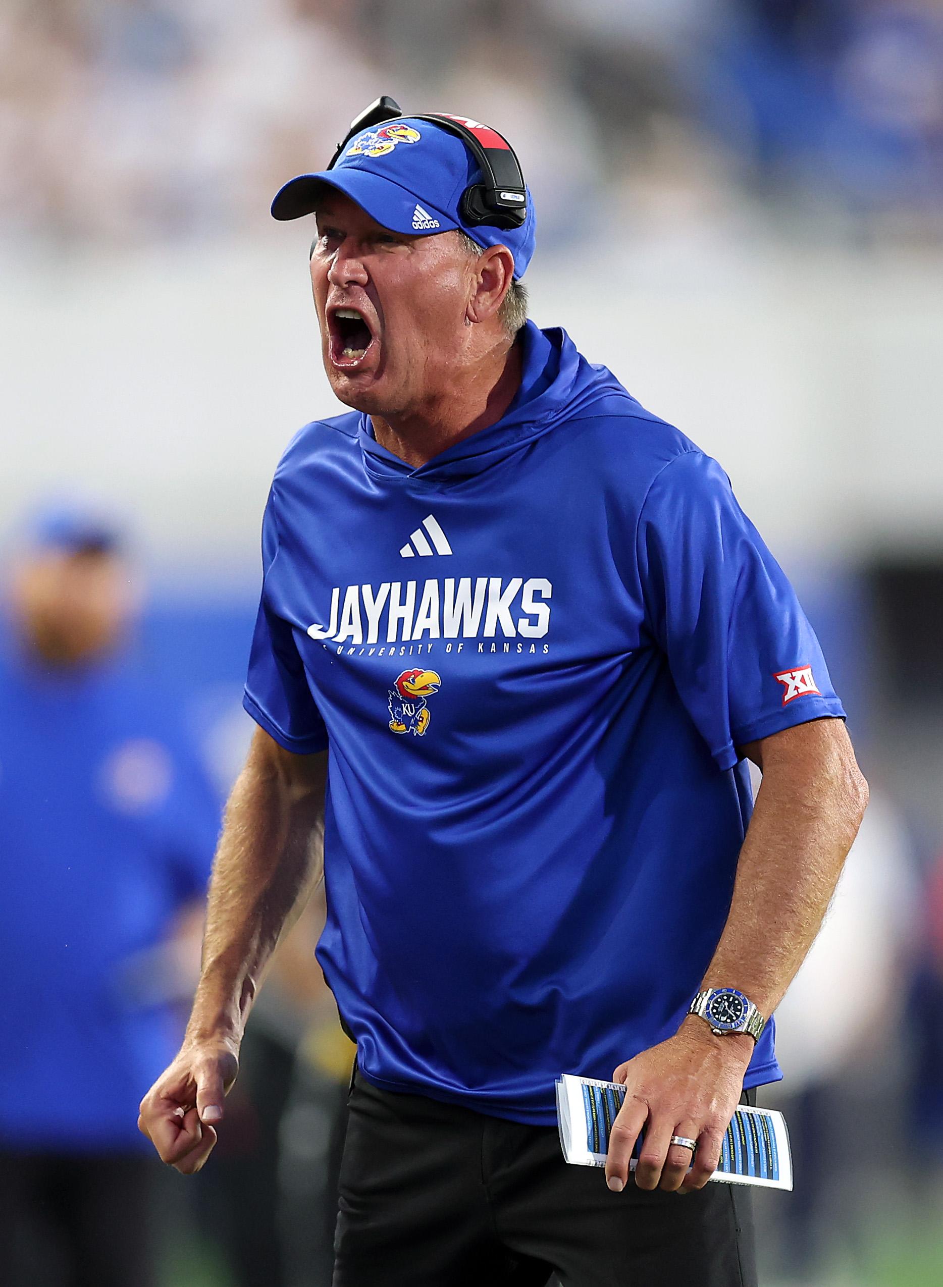 LAWRENCE, KANSAS - AUGUST 23: Head coach Lance Leipold of the Kansas Jayhawks reacts during the game against the Fresno State Bulldogs at David Booth Kansas Memorial Stadium on August 23, 2025 in Lawrence, Kansas. (Photo by Jamie Squire/Getty Images)