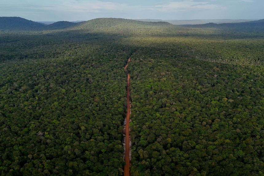 This aerial view shows the Linden-Lethem road, in the Essequibo region, Guyana, on August 28, 2025.