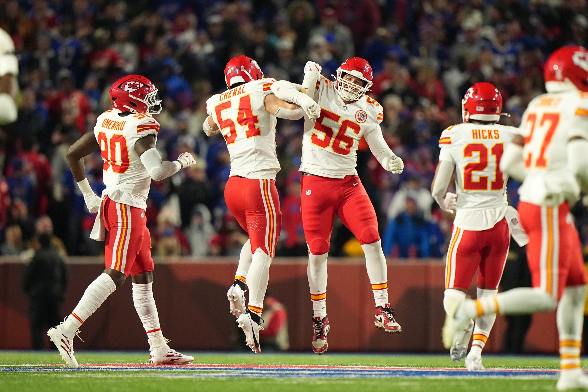 Football: Kansas City Chiefs Leo Chenal (54) and George Karlaftis (56) in action, celebrate on the field vs Buffalo Bills at Highmark Stadium. Orchard Park, NY 11/2/2025 CREDIT: Erick W. Rasco (Photo by Erick W. Rasco/Sports Illustrated via Getty Images) (Set Number: X164794 TK1)