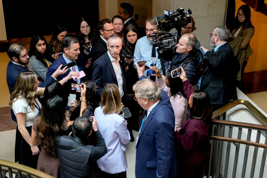 Rep. Brian Fitzpatrick, a Republican from Pennsylvania, speakers to reporters at the US Capitol in Washington, DC, on December 17, 2025.
