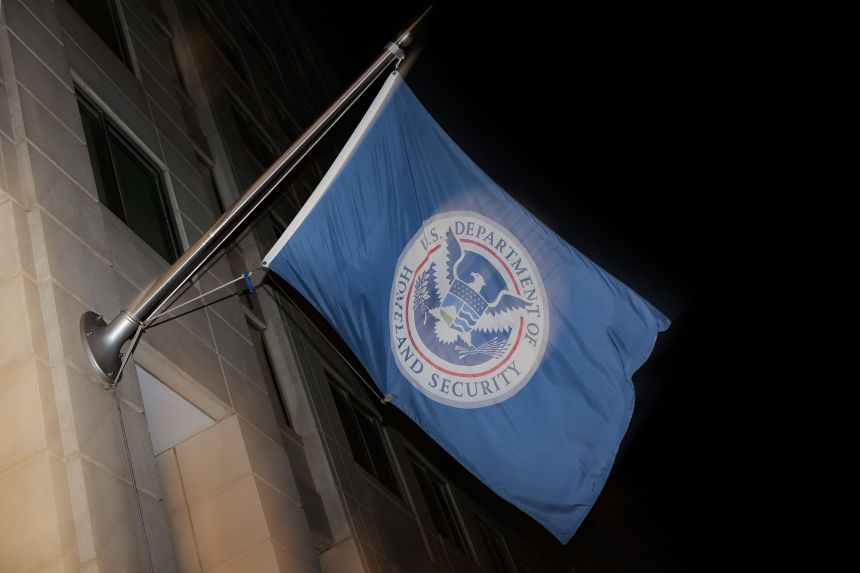 The Department of Homeland Security flag waves outside the Immigration and Customs Enforcement in Washington, DC, on January 7, 2026.