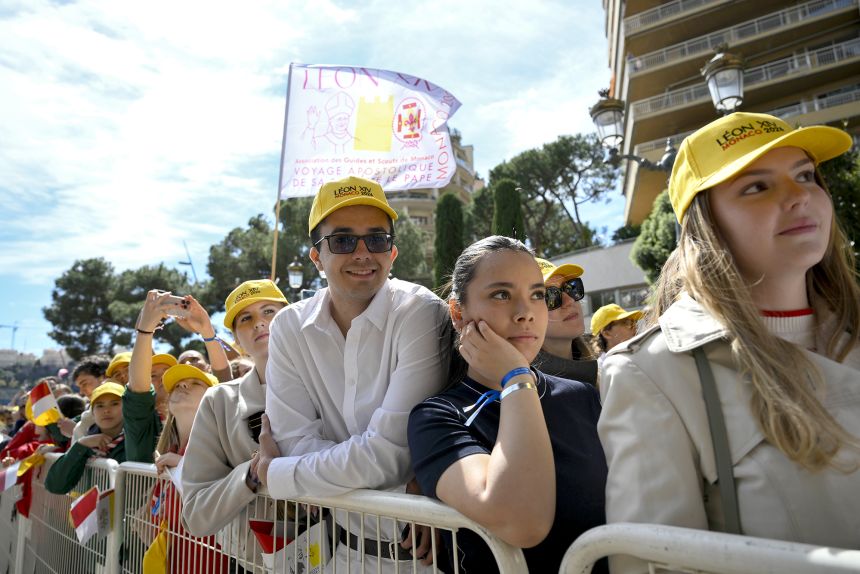 Young people from across Monaco gathered in the area in front of the Church of St. Devota to attend a meeting with Pope Leo XIV on March 28, 2026 in Monaco.