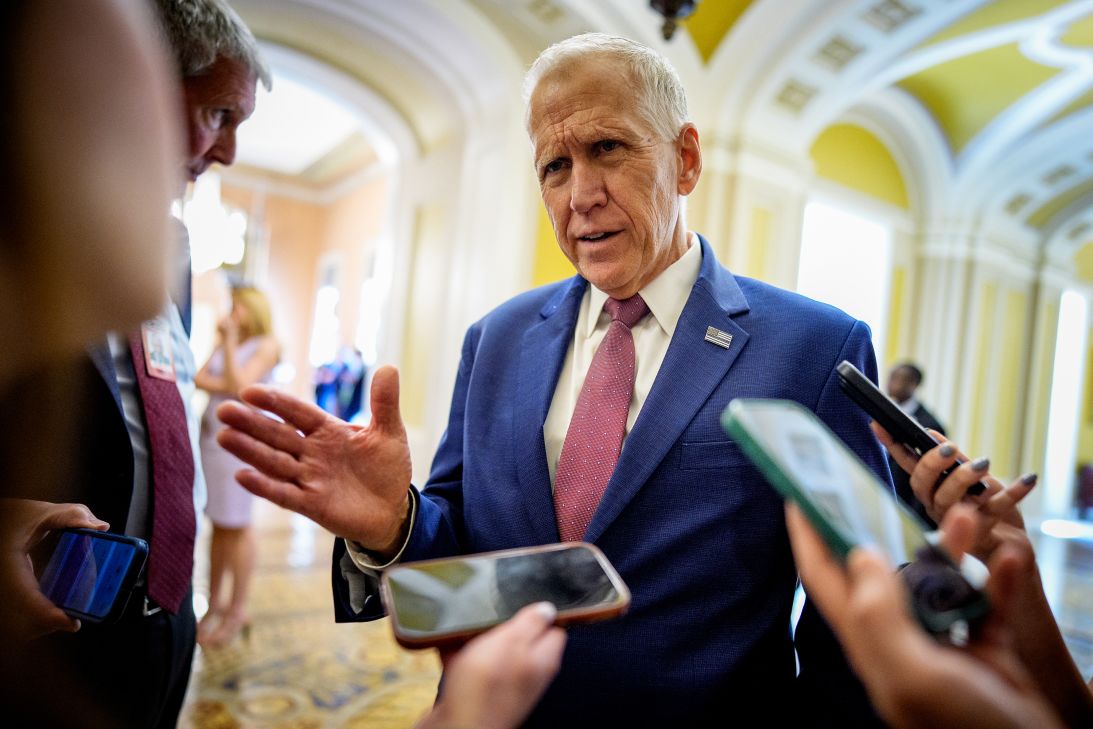 Sen. Thom Tillis speaks to reporters at the Capitol on April 15.