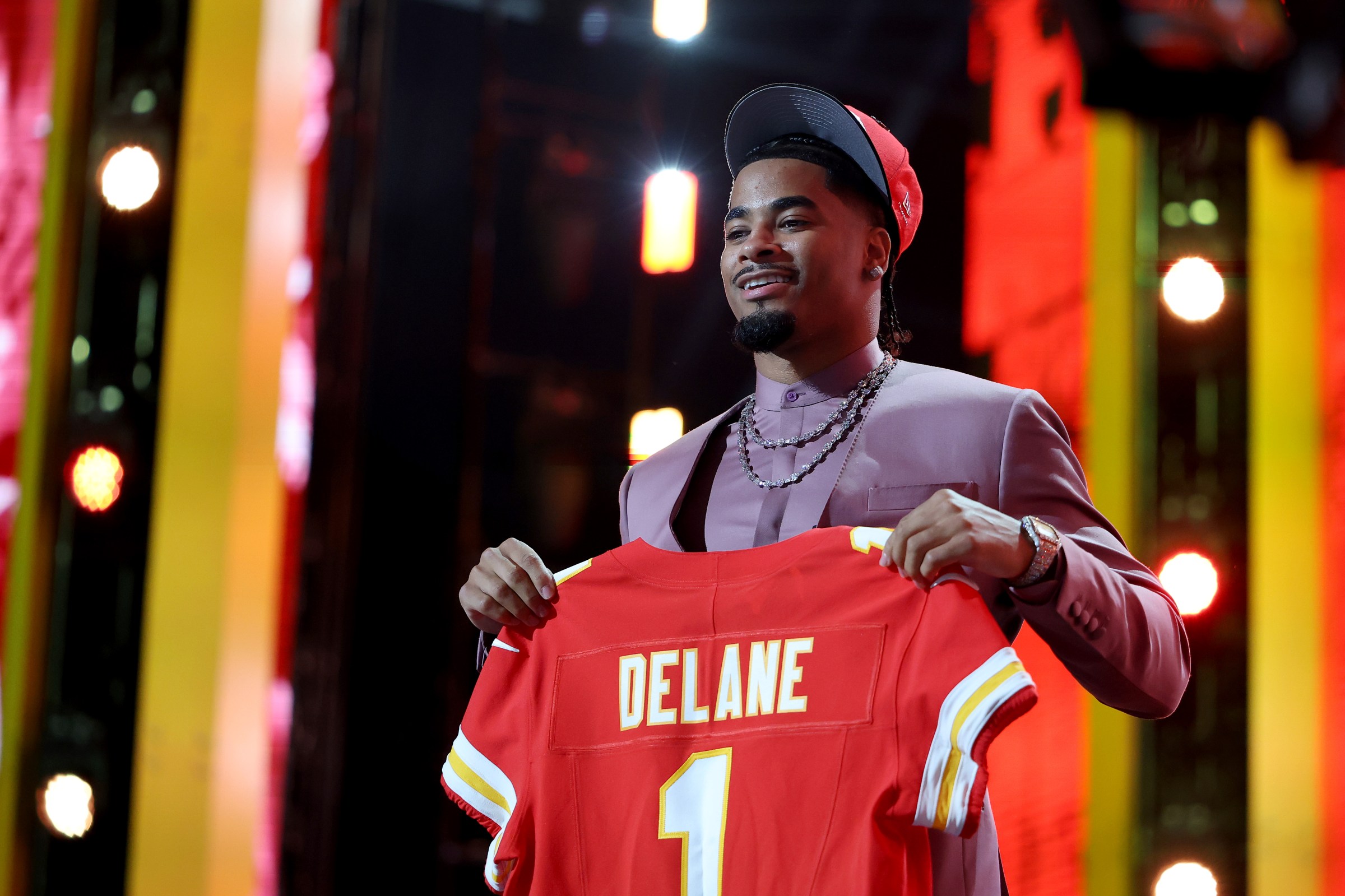 PITTSBURGH, PENNSYLVANIA - APRIL 23: Mansoor Delane of LSU celebrates after being selected sixth overall pick by the Kansas City Chiefs during Round One of the 2026 NFL Draft at Acrisure Stadium on April 23, 2026 in Pittsburgh, Pennsylvania. (Photo by Emilee Chinn/Getty Images)