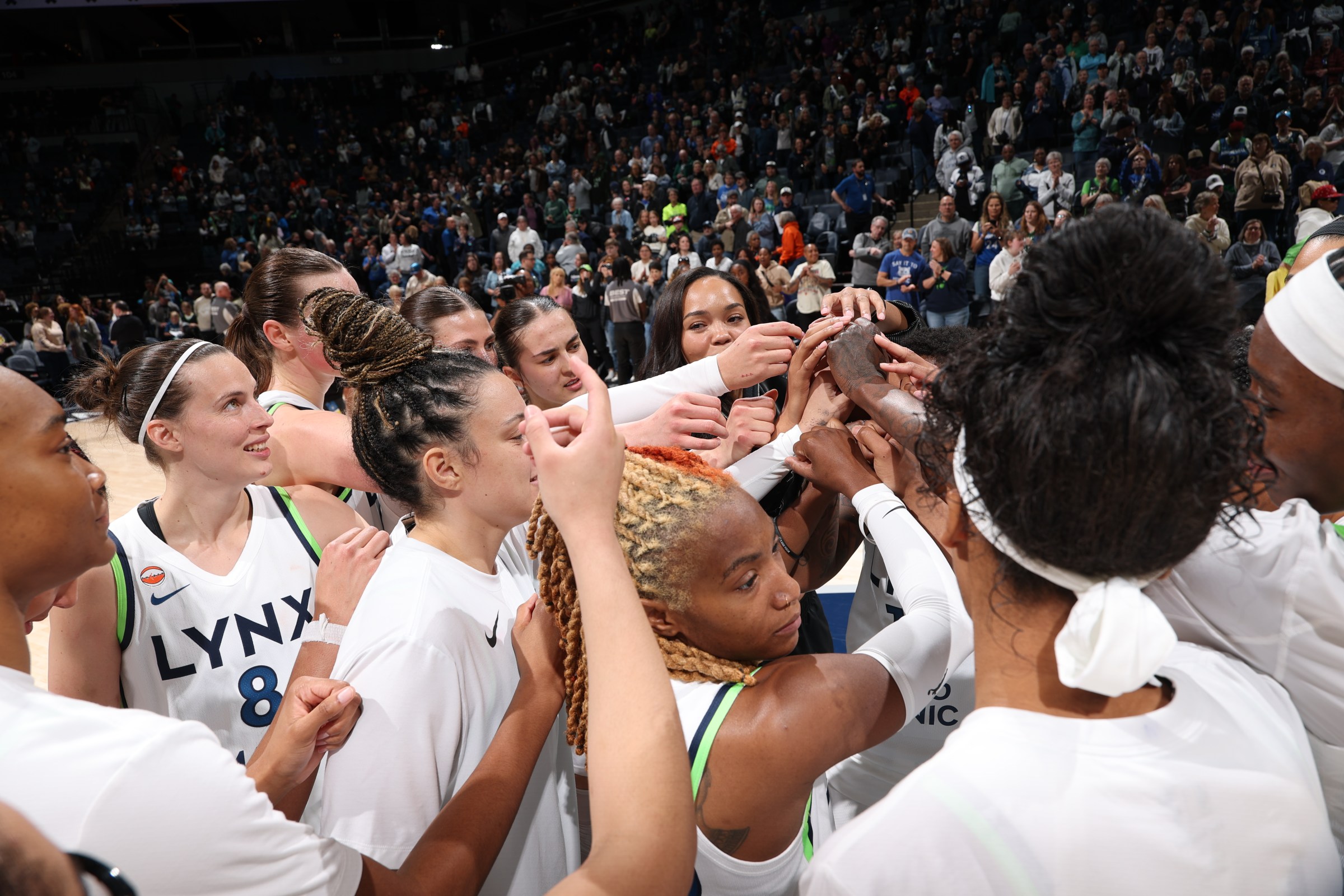 MINNEAPOLIS, MN - MAY 1: The Minnesota Lynx huddle up after the game against the Toronto Tempo during a WNBA Pre Season game on May 1, 2026 at Target Center in Minneapolis, Minnesota. NOTE TO USER: User expressly acknowledges and agrees that, by downloading and or using this Photograph, user is consenting to the terms and conditions of the Getty Images License Agreement. Mandatory Copyright Notice: Copyright 2026 NBAE (Photo by David Sherman/NBAE via Getty Images)