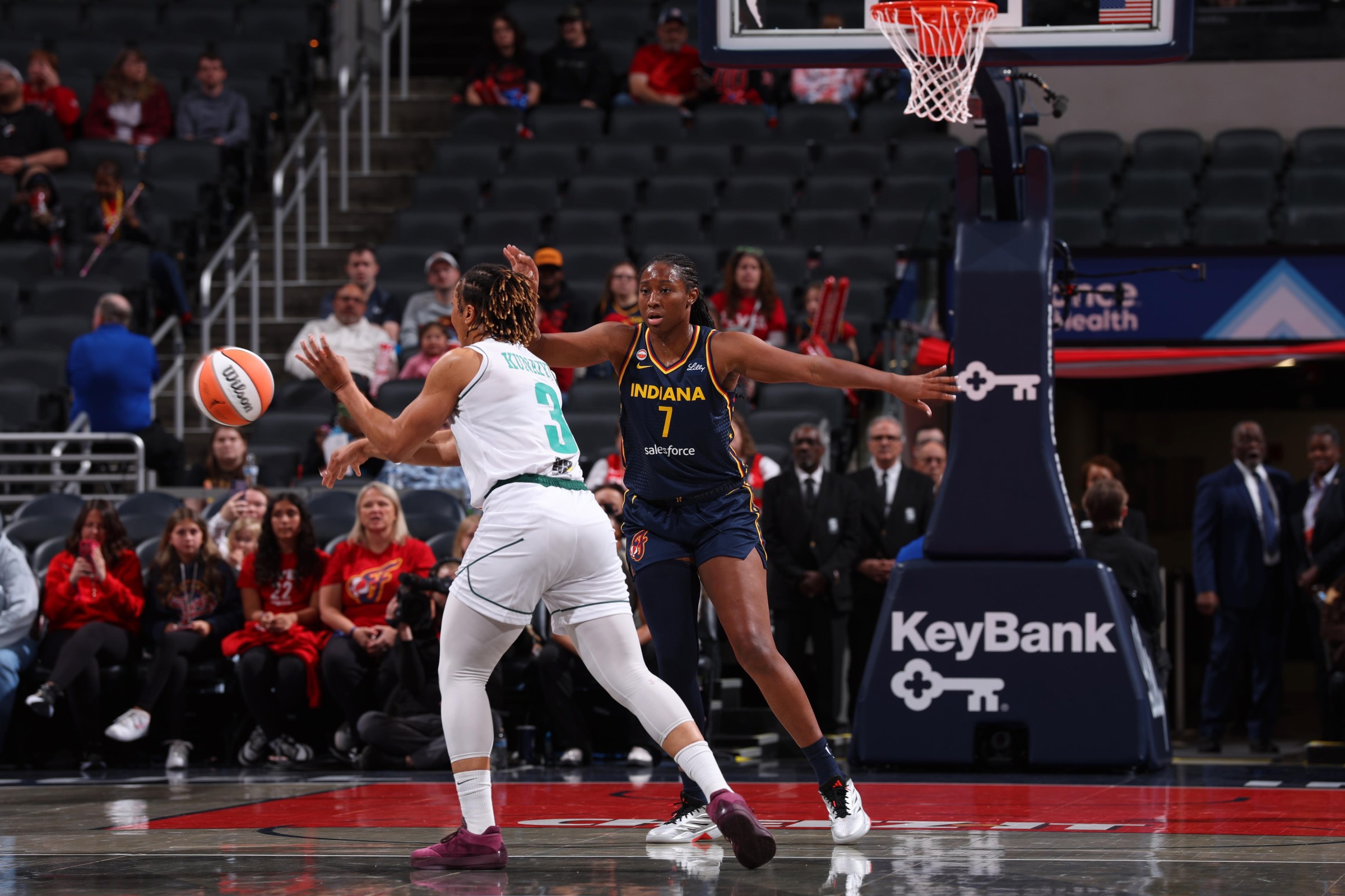 Aliyah Boston defends during a preseason game.