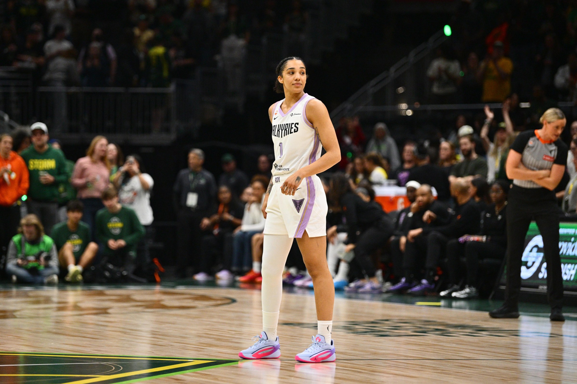 SEATTLE, WA - MAY 8 : Gabby Williams #1 of the Golden State Valkyries looks on during the game against the Seattle Storm on May 8, 2026 at Climate Pledge Arena in Seattle, Washington. NOTE TO USER: User expressly acknowledges and agrees that, by downloading and or using this photograph, User is consenting to the terms and conditions of the Getty Images License Agreement. Mandatory Copyright Notice: Copyright 2026 NBAE (Photo by Jane Gershovich/NBAE via Getty Images)