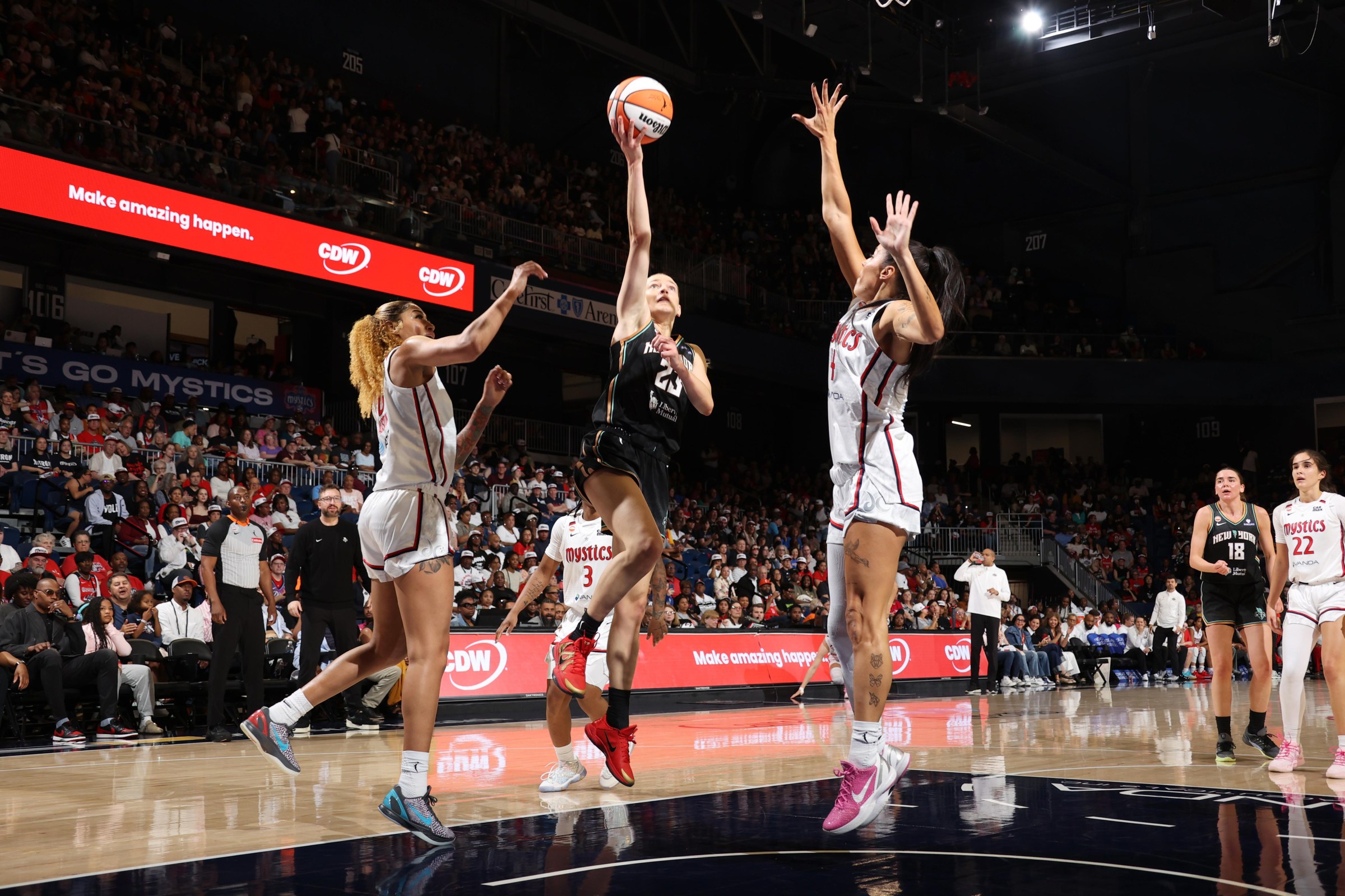 WASHINGTON, D.C. - MAY 10: Marine Johannes #23 of the New York Liberty drives to the basket during the game against the Washington Mystics on May 10, 2026 at Entertainment and Sports Arena in Washington, D.C. NOTE TO USER: User expressly acknowledges and agrees that, by downloading and or using this photograph, User is consenting to the terms and conditions of the Getty Images License Agreement. Mandatory Copyright Notice: Copyright 2026 NBAE(Photo by Stephen Gosling/NBAE via Getty Images)