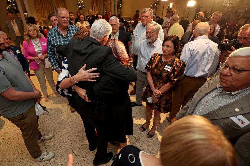 Senator Bill Cassidy hugs supporters after conceding his primary election contest during an event at Boudreaux's Caterers in Baton Rouge, Louisiana, on May 16, 2026.