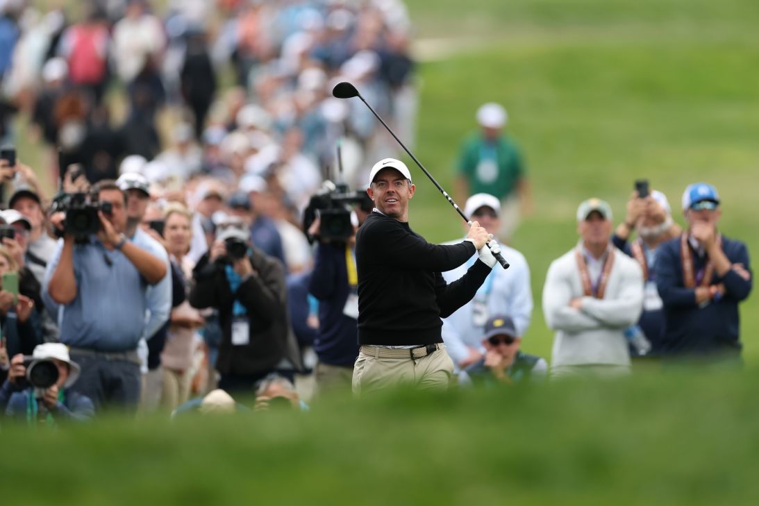 NEWTOWN, PENNSYLVANIA - MAY 14: Rory McIlroy of Northern Ireland plays a shot on the ninth hole during the first round of the PGA Championship at Aronimink Golf Club on May 14, 2026 in Newtown, Pennsylvania. (Photo by Maddie Meyer/PGA of America/PGA of America via Getty Images)