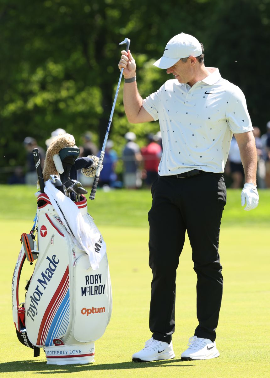 NEWTOWN, PENNSYLVANIA - MAY 16: Rory McIlroy of Northern Ireland puts a club back in his bag while playing the fourth hole during the third round of the PGA Championship at Aronimink Golf Club on May 16, 2026 in Newtown, Pennsylvania. (Photo by Jamie Squire/Getty Images)
