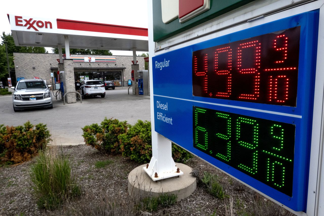 Gas prices are displayed at a station on May 21, 2026 in Rolling Meadows, Illinois. According to AAA, the national average gas price for regular gas is $4.56 per gallon, the highest in four years.