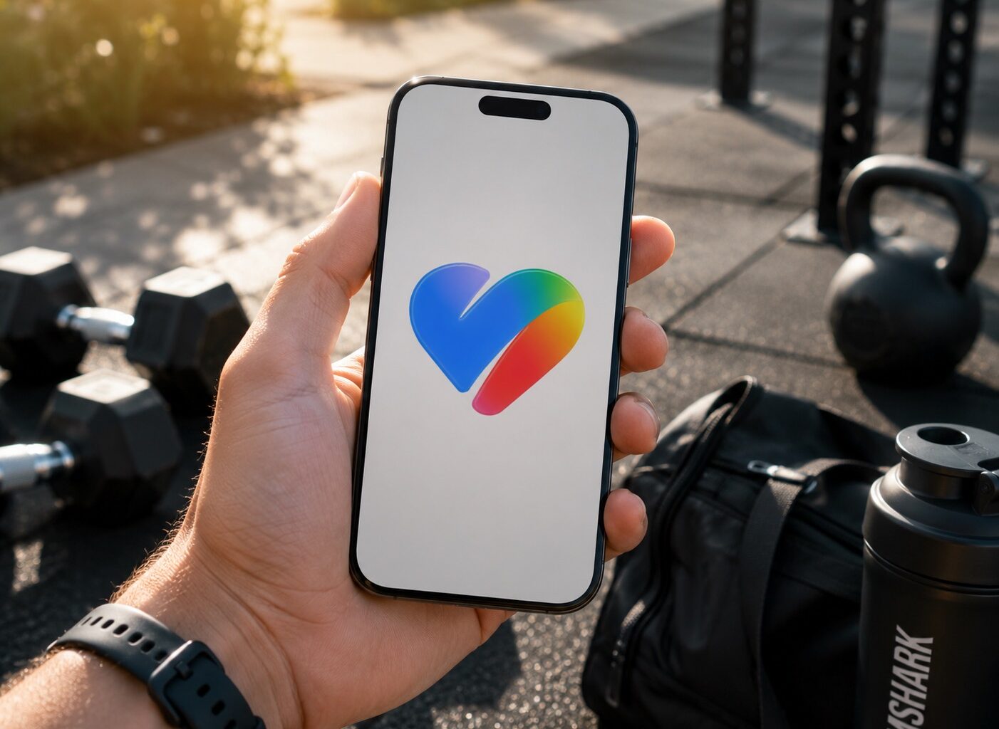 Hand holding a smartphone outdoors displaying a colorful rainbow heart logo on the screen with gym weights in the background.