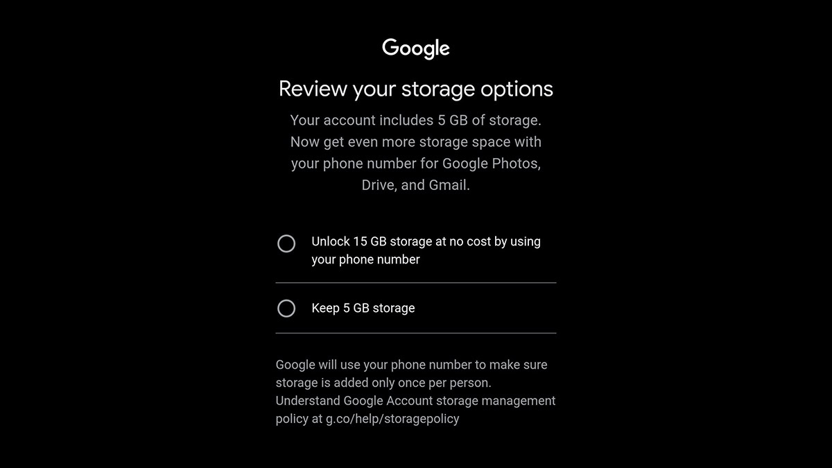 google storage options 15gb free with phone number Google's review your storage options message offering the user the chance to unlock 15GB free storage by adding their phone number to their Gmail account