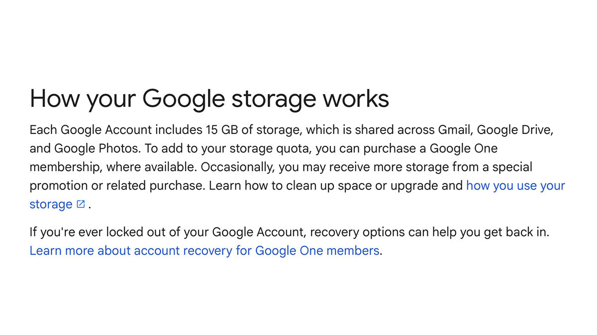 Archived version of Google's support page stating that accounts get 15GB of storage.