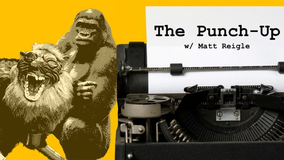 Robotic wolf, gorilla, and The Punch-Up logo