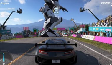 A Gundam races a car.