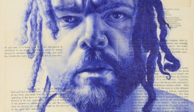 A blue ballpoint pen drawing of a man