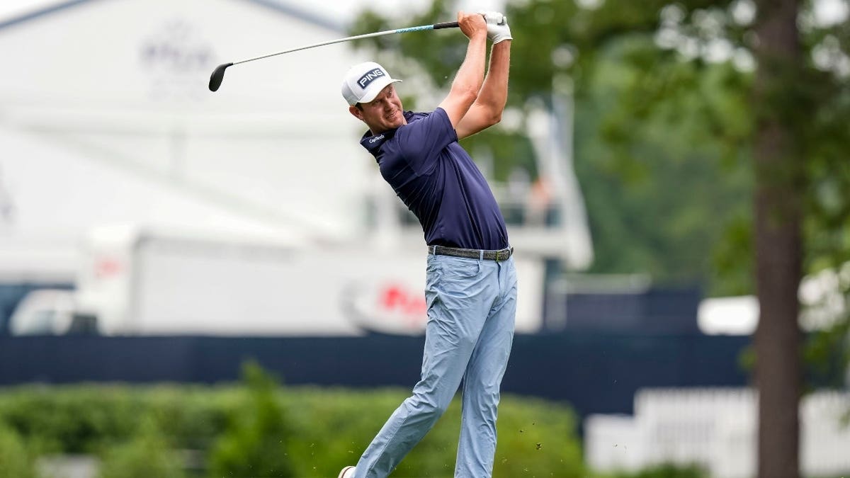 Harris English hitting a golf shot on the tenth hole at Quail Hollow during the PGA Championship