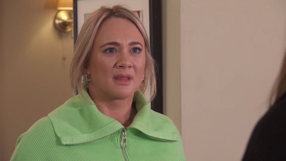Hollyoaks, Leela Lomax hollyoaks, leela lomax in a green jumper looking surprised