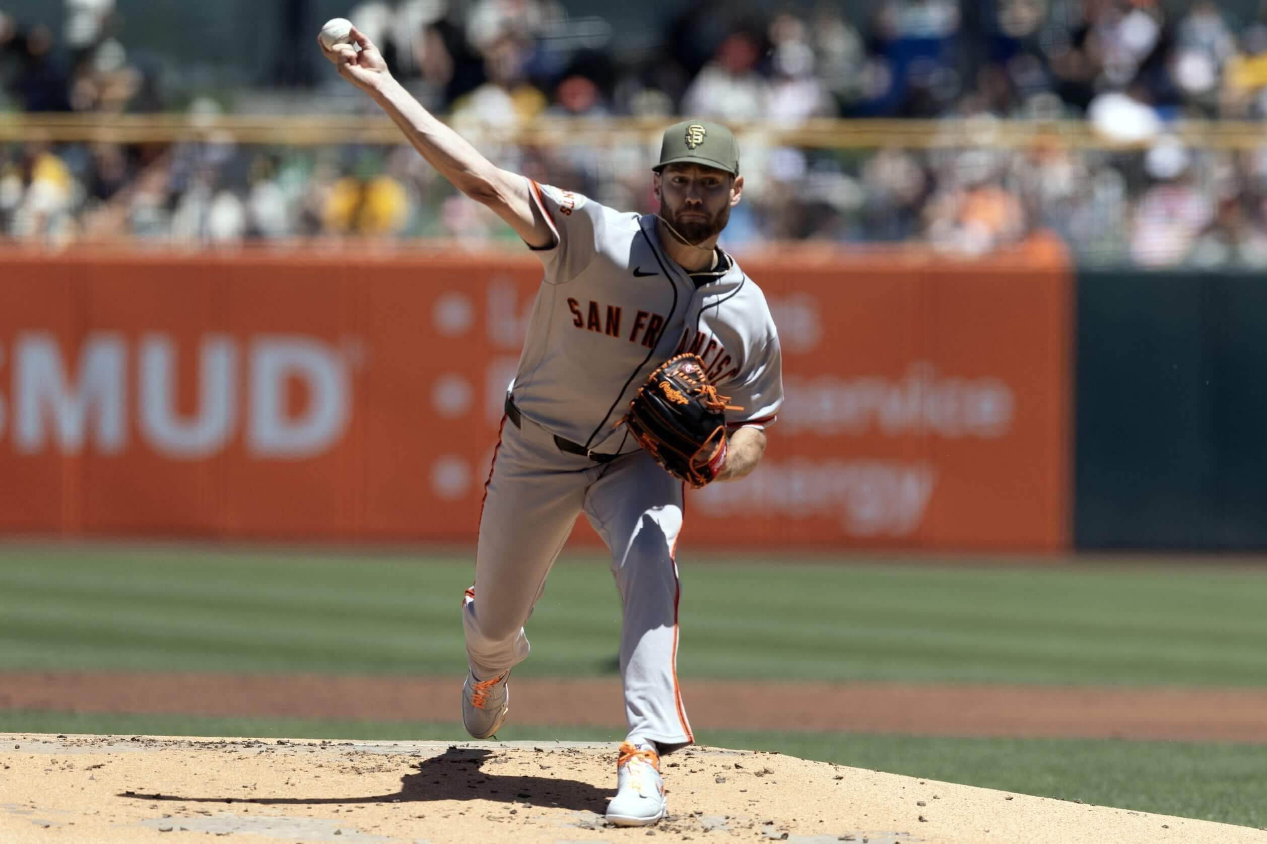 San Francisco Giants starting pitcher Adrian Houser delivers a pitch against the Athletics on May 17, 2026, in Sacramento
