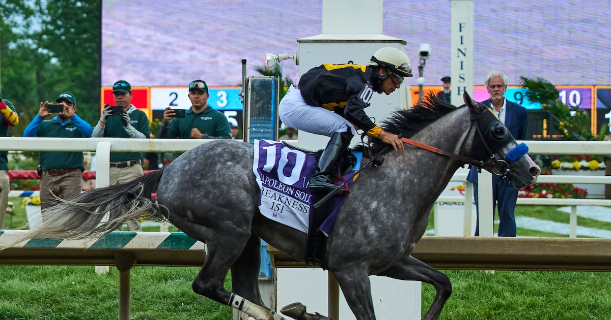 Napoleon Solo holds off Iron Honor by 1 1/4 lengths to win the Preakness at Laurel Park