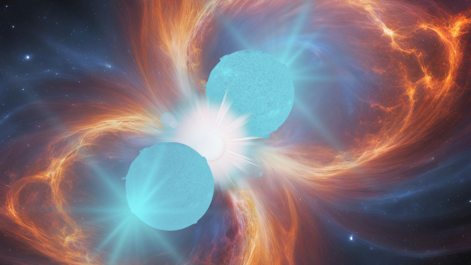 Two blue circles surrounded by lots of yellow and orange swirls. There's a white light between the circles.