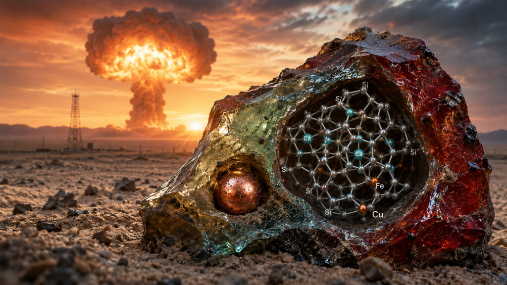AI illustration of atomic bomb exploding in the background and a strange rock structure and molecule diagram in the foreground
