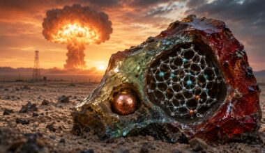 AI illustration of atomic bomb exploding in the background and a strange rock structure and molecule diagram in the foreground