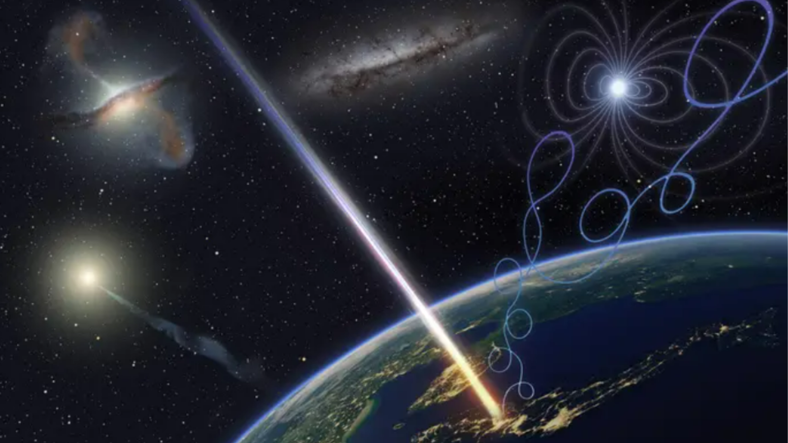 An illustration of Earth with a yellow and blue beam shooting into it.