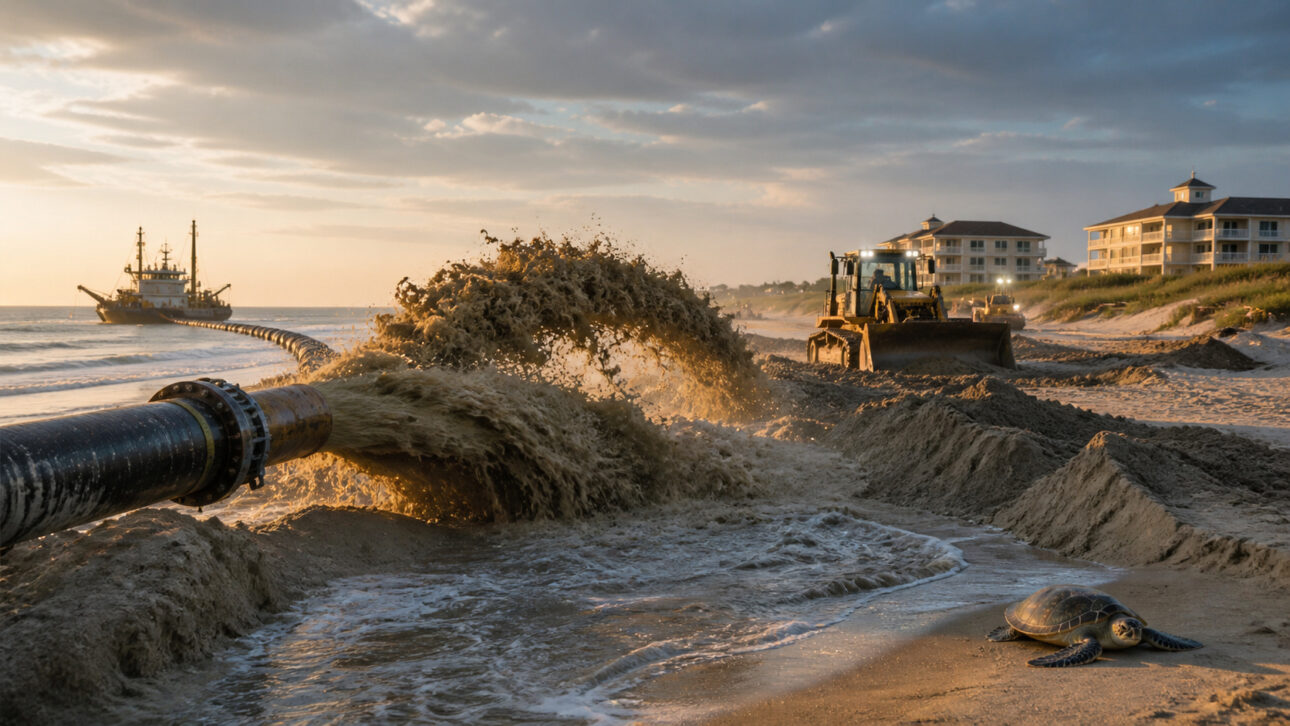 Sand from the seabed is discharged onto Hilton Head Island, South Carolina, in a beach revitalization project that combats coastal erosion 24 hours a day.