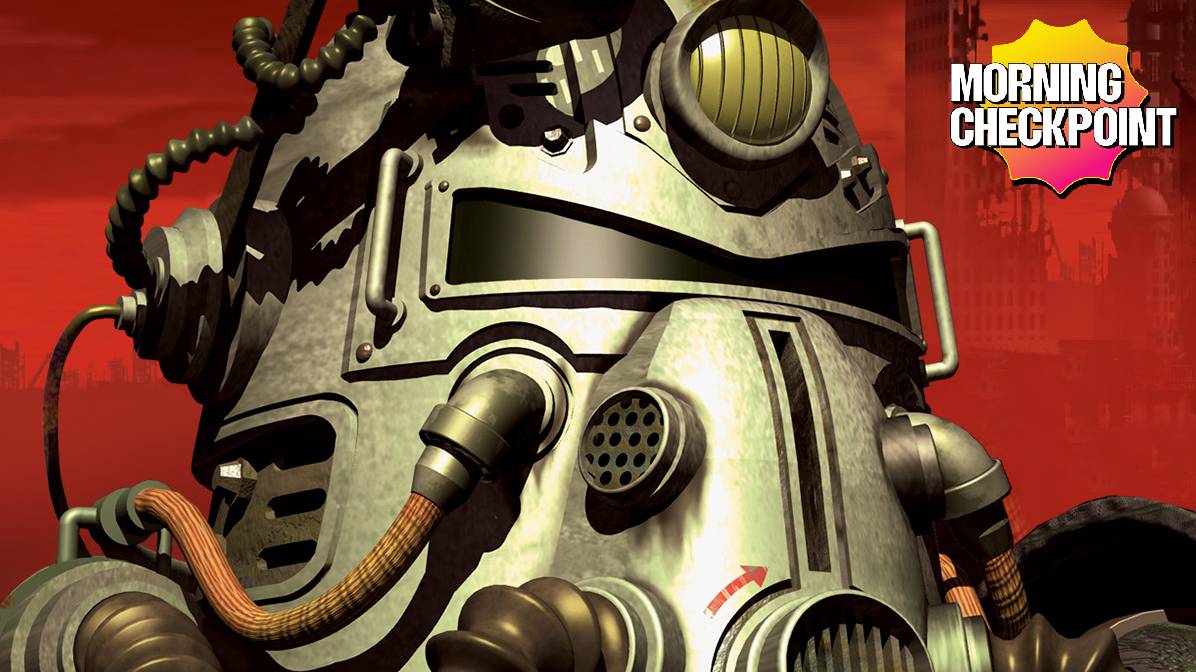 A power armor helmet appears in the wasteland.