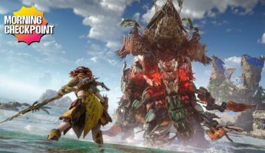 Aloy fights a giant robot in the water.