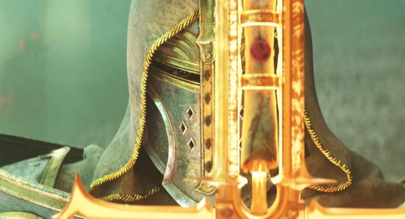 A Paladin holds up a sword.