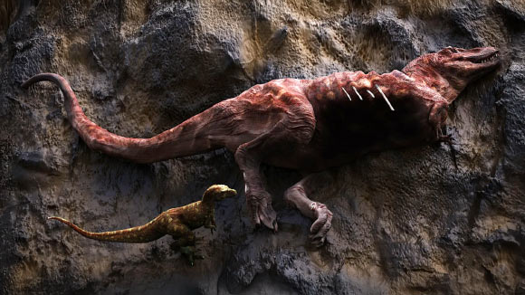 Visualization of a small tyrannosaur feeding on a carcass of a larger tyrannosaur. Image credit: Yu Xin, Shen Li & Liang Junwei, Aarhus Universitet.