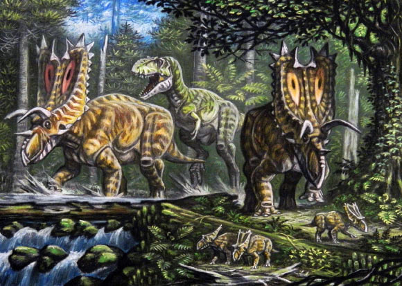 Bistahieversor sealeyi hunting Pentaceratops sternbergii. Image credit: A. Belov / CC BY 3.0.