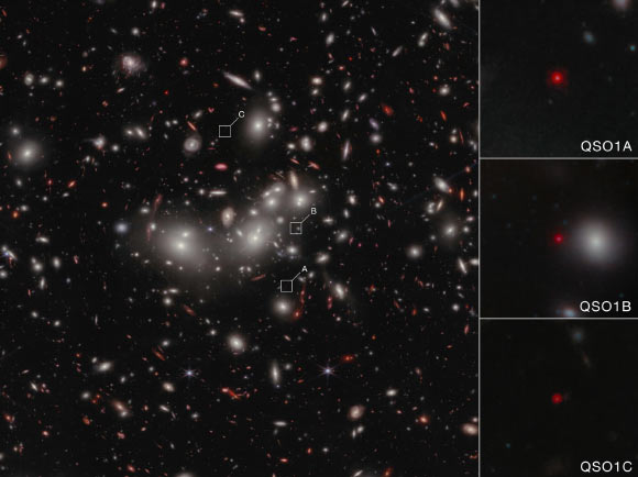 This Webb/NIRCam image shows the little red dot Abell2744-QSO1, magnified and triply imaged by galaxy cluster Abell 2744. Image credit: NASA / ESA / CSA / Lukas Furtak, Ben-Gurion University / Alyssa Pagan, STScI.