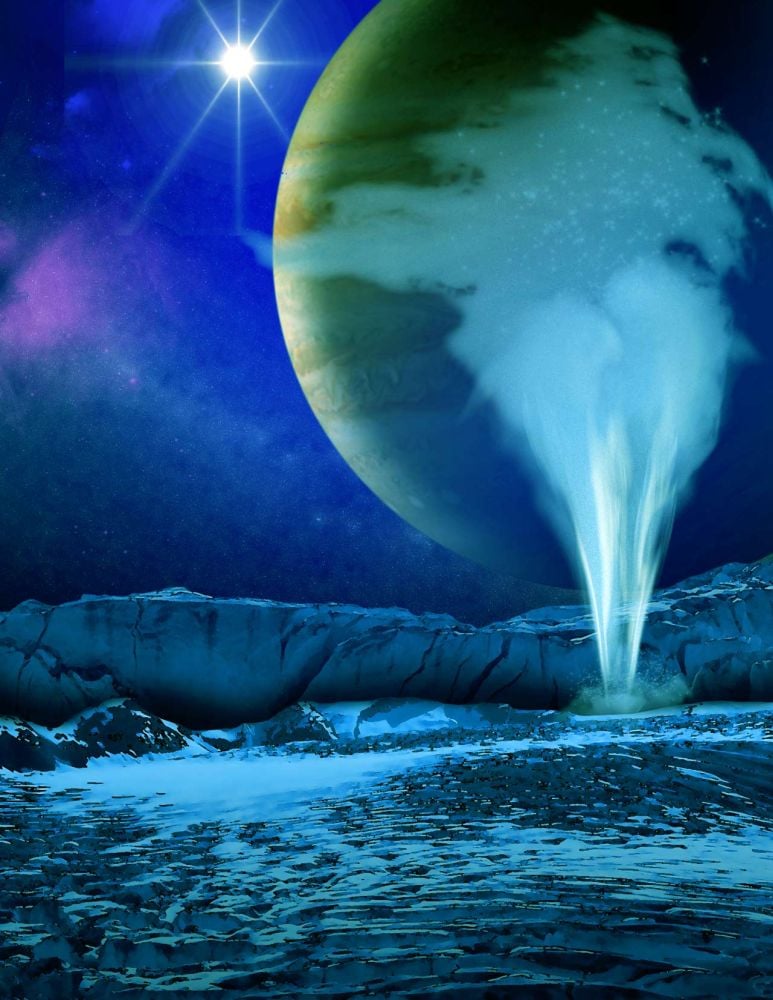 This artist's illustration shows what the water vapour plumes tentatively detected on Jupiter's icy moon Europa would look like. A 2014 paper based on Hubble observations showed that these intermittent plumes reach 200 km above Europa's surface. In the following couple of years, subsequent research also found them. But new research from the original discoverers is reconsidering the original findings. Image Credit: University of Cologne.