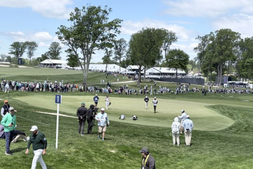 A view of the first green from a private viewing spot just outside the fence at Aronimink Golf Club.