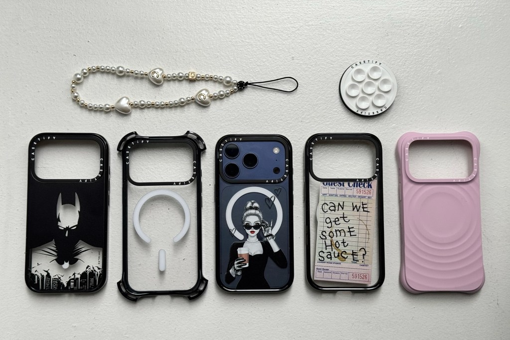 Collage of five phone cases, a white pearl wrist strap, and a white round phone grip.