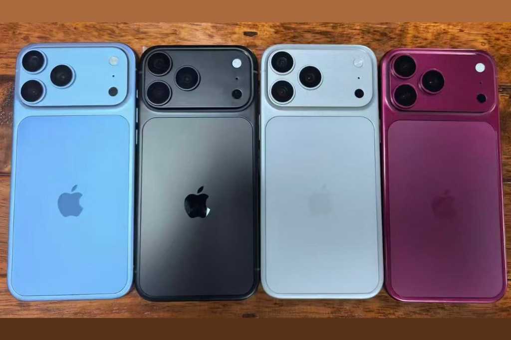 iphone 18 pro dummies shown in four colors: dark cherry, light bliw, silver, and dark gray
